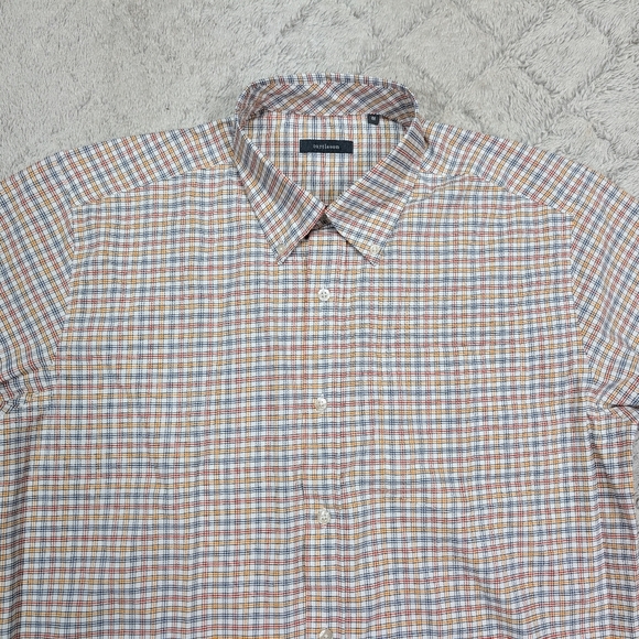 Turtleson Shirt Mens M Blue Yellow Checkered Button Up Polyester Office Preppy - Picture 2 of 7